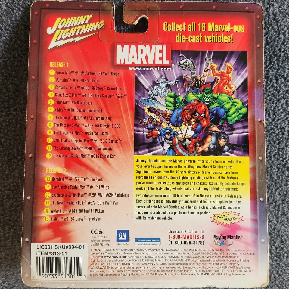 Johnny Lighting Maista 2002 Marvel Diecast Cars Lote de 3 piezas X-Men, Incredible Hulk Foto 3 de 4