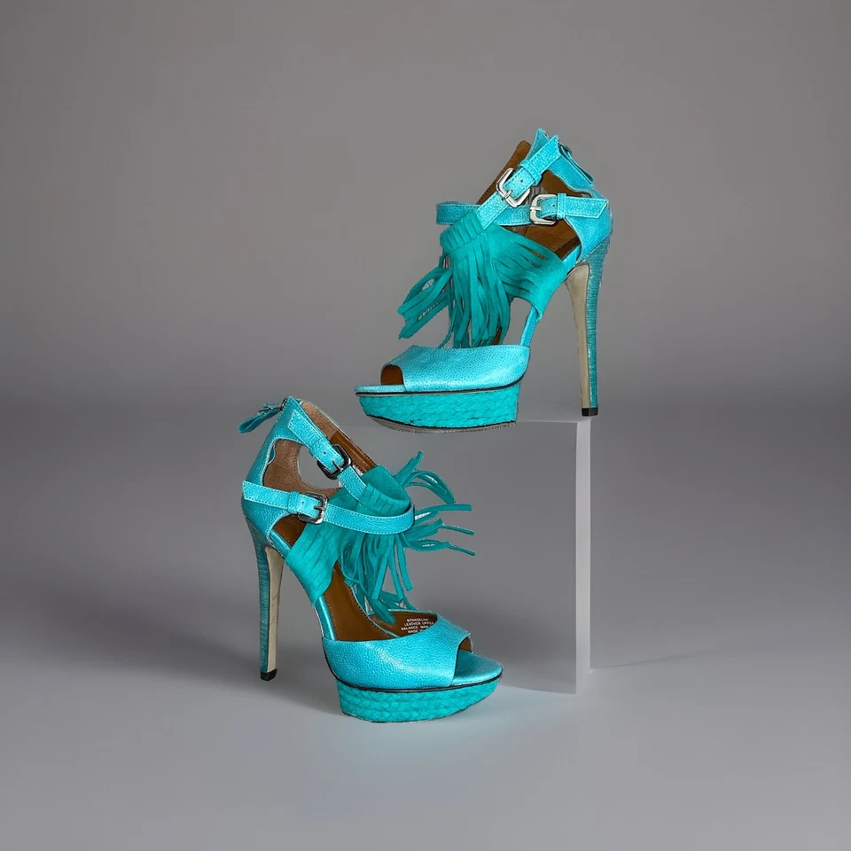 Boutique 9 Nadeline Teal Leather Suede Weave Fringe Platform Multi Strap Heels 6 - Image 4 of 4