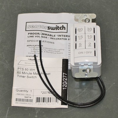 Sensor Switch PTS Wall Switch Timer PTS 60 WH, 120/277V AC, 1 Hour Max, White