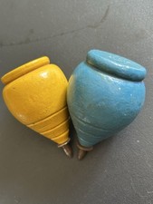 Antique Blue And Yellow. two Wooden Spinning Top Vintage Toy with Metal Tip