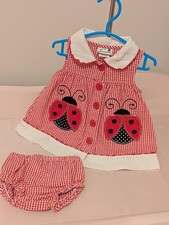 WILLIAMS REBORN NURSERY Vtg Samara Ladybug Gingham Baby Girl Dress + Bloomers 6m