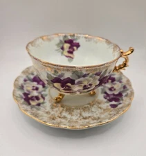 Vintage Purple Violets Floral Teacup Saucer Set Gold Accents Elegant Fine Bone C