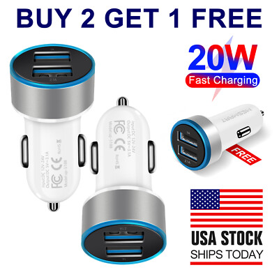 20W 2 Port Car Fast Charger QC 3.0 for iPhone Samsung Cell USB Android LG Lot
