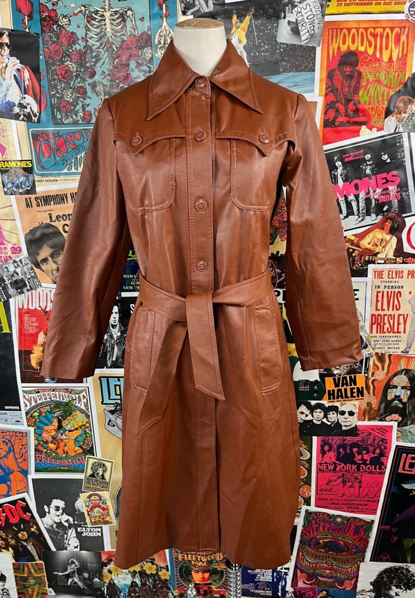 Vintage Womens 70s Brown Faux Leather Amour Woodstock Belted