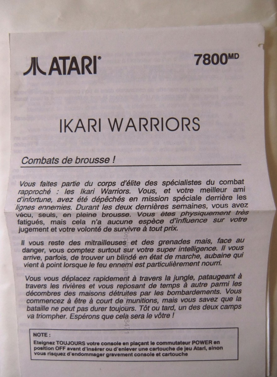 Notice/Manuel/Mode d'emploi Ikari Warriors Atari 7800