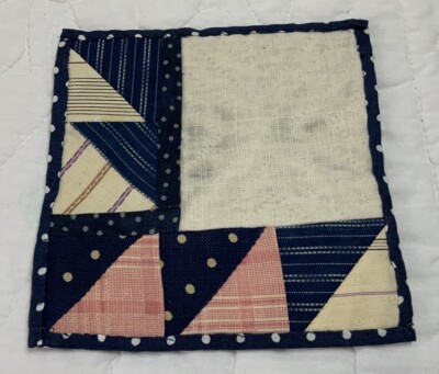 Antique Vintage Table Topper, White Quilt With Patchwork Triangles, Navy, Pink