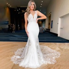 Sheer V-neck Sleeves Mermaid Lace Wedding Dresses Chapel Train Lace Bridal Gowns