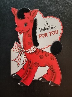 Vtg Hallmark Valentine Greeting Card Diecut Flocked Red Giraffe Polkadot Bow 50s