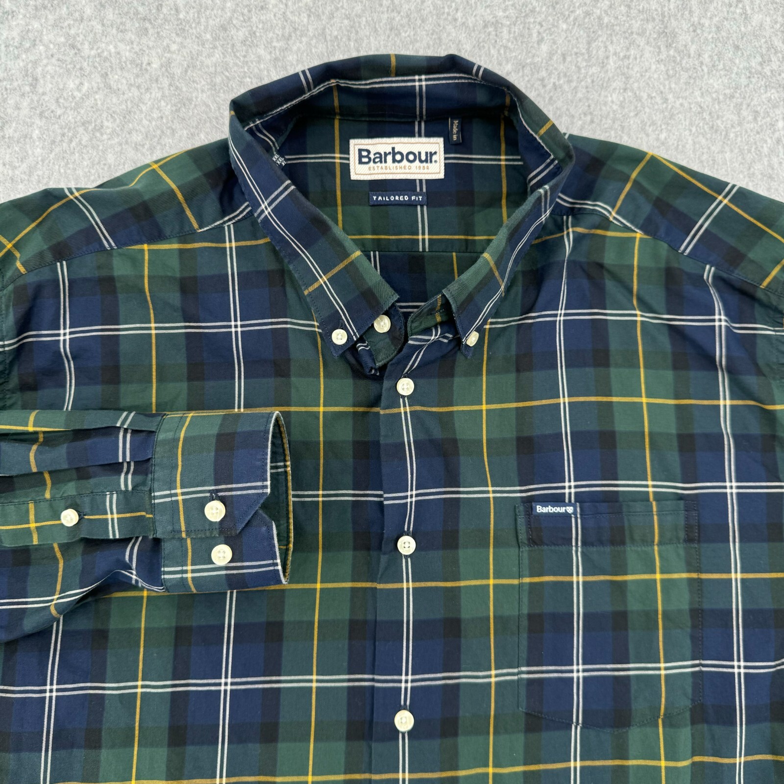 Barbour Mens XL Blue Green Tartan Plaid Long Sleeve Tailored Fit Shirt