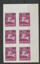 LITAUEN REITER 1991, 30 GESCHNITTEN ECK 6-ERBLOCK  **