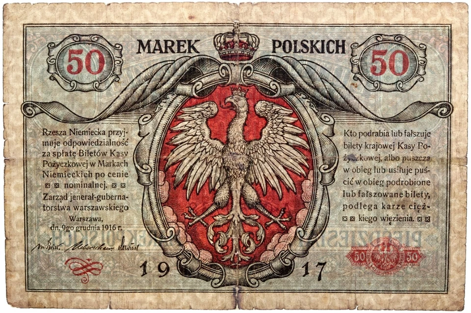 POLAND 50 MAREK 1917 Pick-5 Incorrect spilling Zarzad "Jeneral" FINE SN A0759738 - Image 2 of 2