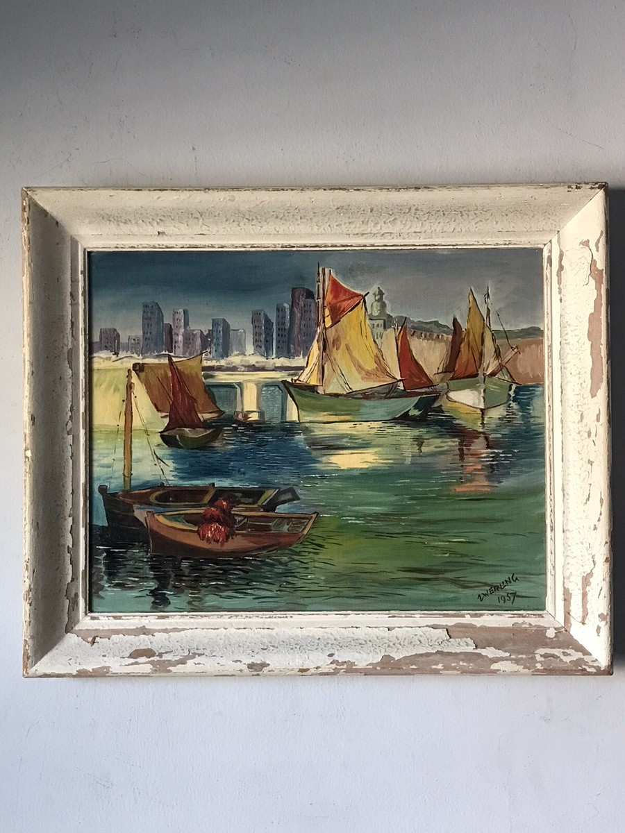 MID CENTURY MODERN NAUTICAL SAILBOAT OIL PAINTING 1957
