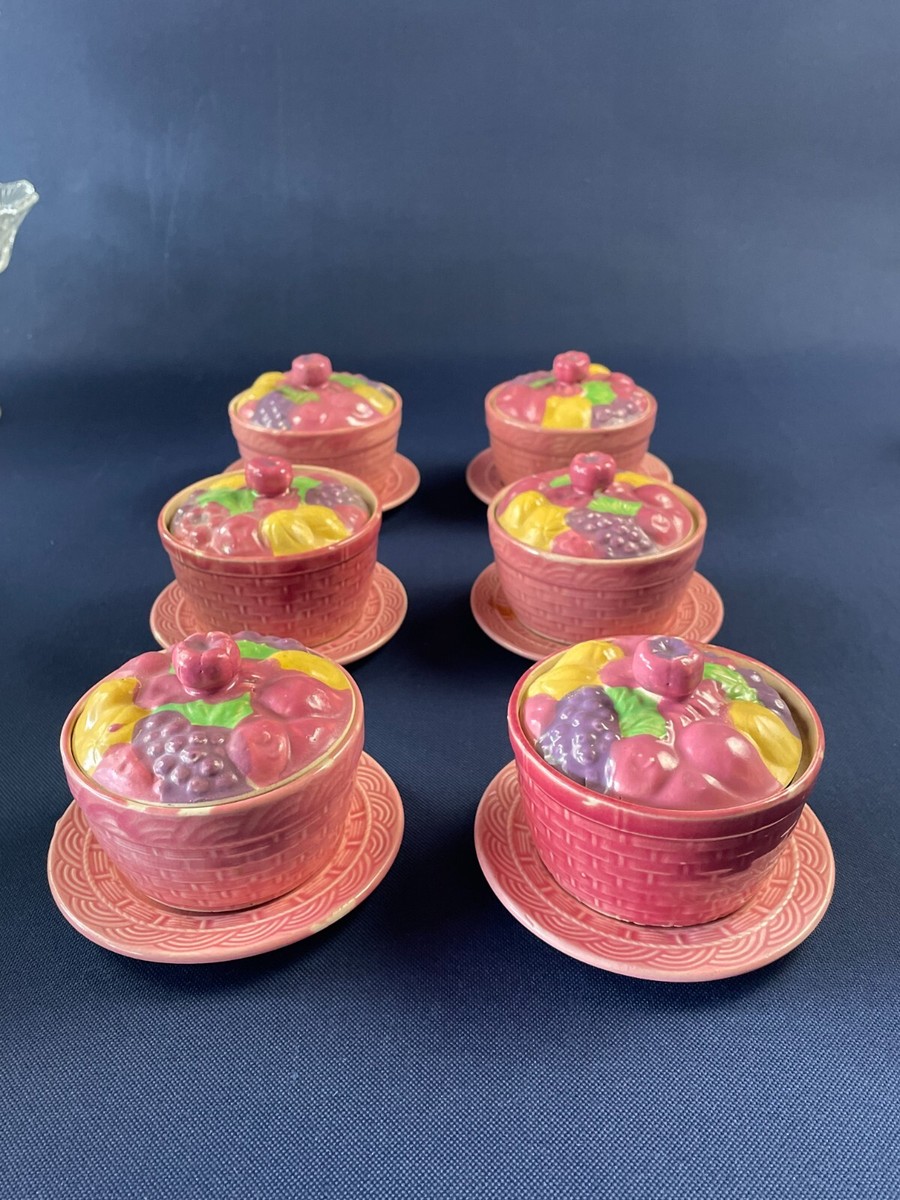 Custardページ 6 vintage ceramic custard cups, underplates & lids c.1930s made in