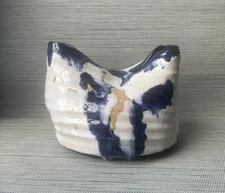 VTG American Studio Blue & White Pottery Asymmetrical Vase, Marked, 6+ Pounds