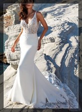 New Crepe Beaded lace Bridal Dress buttons Ivory Skin Straps Custom made w.Train