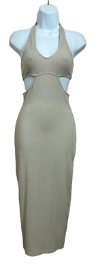 Divided H&M Beige Ribbed Halterneck Dress Sz XS Midi Fitted Open Back V-Neck NEW
