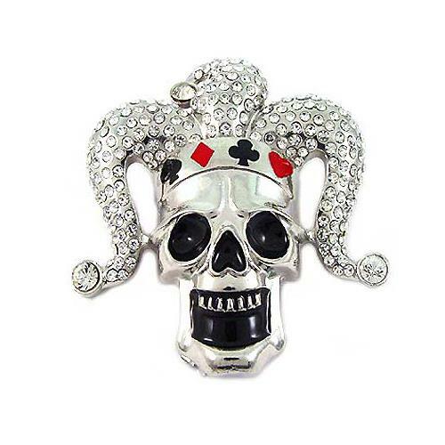 Boucle de ceinture métallique Jester clown Joker carte crâne strass argent chrome - Photo 1 sur 1