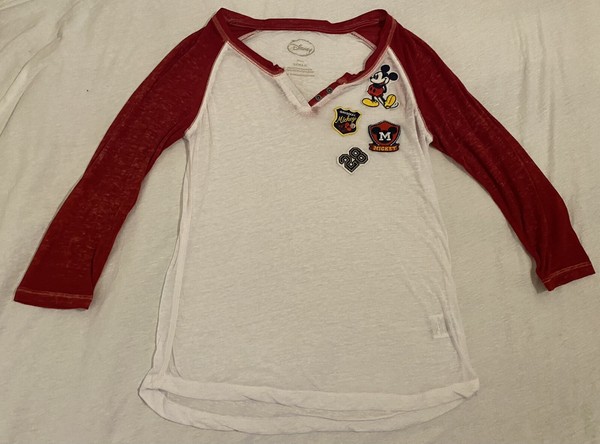 Disney Red White Mickey Mouse Patches 28 Burnout Raglan T-Shirt Sz S (3-5) Sheer