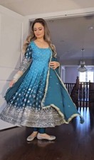Ethnic Wear Chinnon Silk Teal Blue Salwar Kameez With Dupatta For Women / Girls