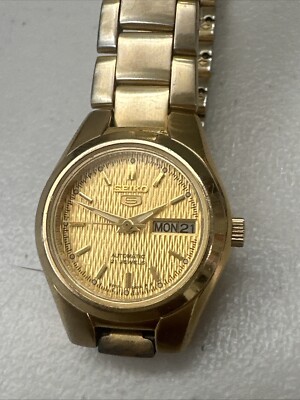 Seiko Series 5 Automatic Gold Dial Ladies Watch 7N0368 Day Date 21 Jewel