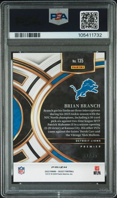 BRIAN BRANCH SIGNED 2023 PANINI SELECT WHITE PRIZM 135 Rookie PSA 10 AUTO 10 /35 - Image 2 of 2