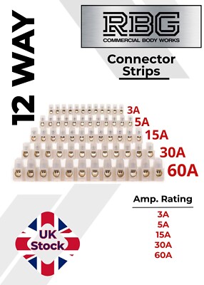 12 Way Connector Strips,  Terminal Blocks, Tidy Connection 3, 5, 15, 30, 60 Amps