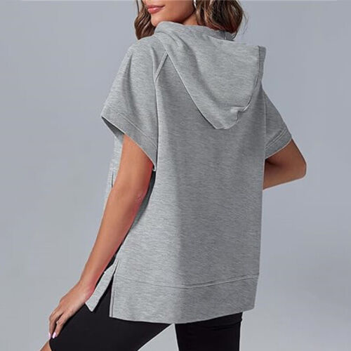 Womens Casual Short Sleeve Hooded Sweatshirt Zip Loose Pullover Hoodies Tops UK - Picture 14 of 44