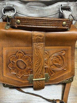 Patricia Nash Tooled Embossed  Satchel Top Handle Bag Detachable Strap Buckle