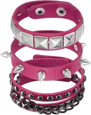 MECCANIXITY Rock Punk Studded Leather Bracelet Set,Goth Spiked Cuff Rose Red 