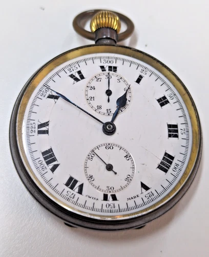 ANTIQUE SWISS MADE GUNMETAL POCKET WATCH FOR REPAIR BALANCE FREE