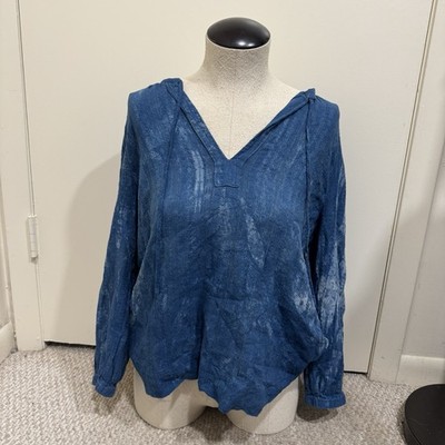Marine Layer V-Neck Blue Crinkle Cloth Tie Dye Drawstring Top Women's Size Small