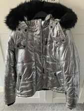 Topshop Silver Metallic Ski Jacket Coat With Hood Super Warm Size 14 16