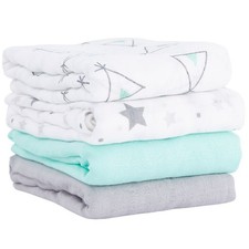 Baby Muslin Swaddle Blanket Receiving Breathable Bamboo Cotton 4 Pc, 47x47