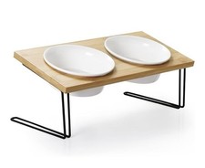 Elevated Cat Dog Food and Water Bowl Ceramic 15  Tilt W/Wooden Stand Sweet Jar