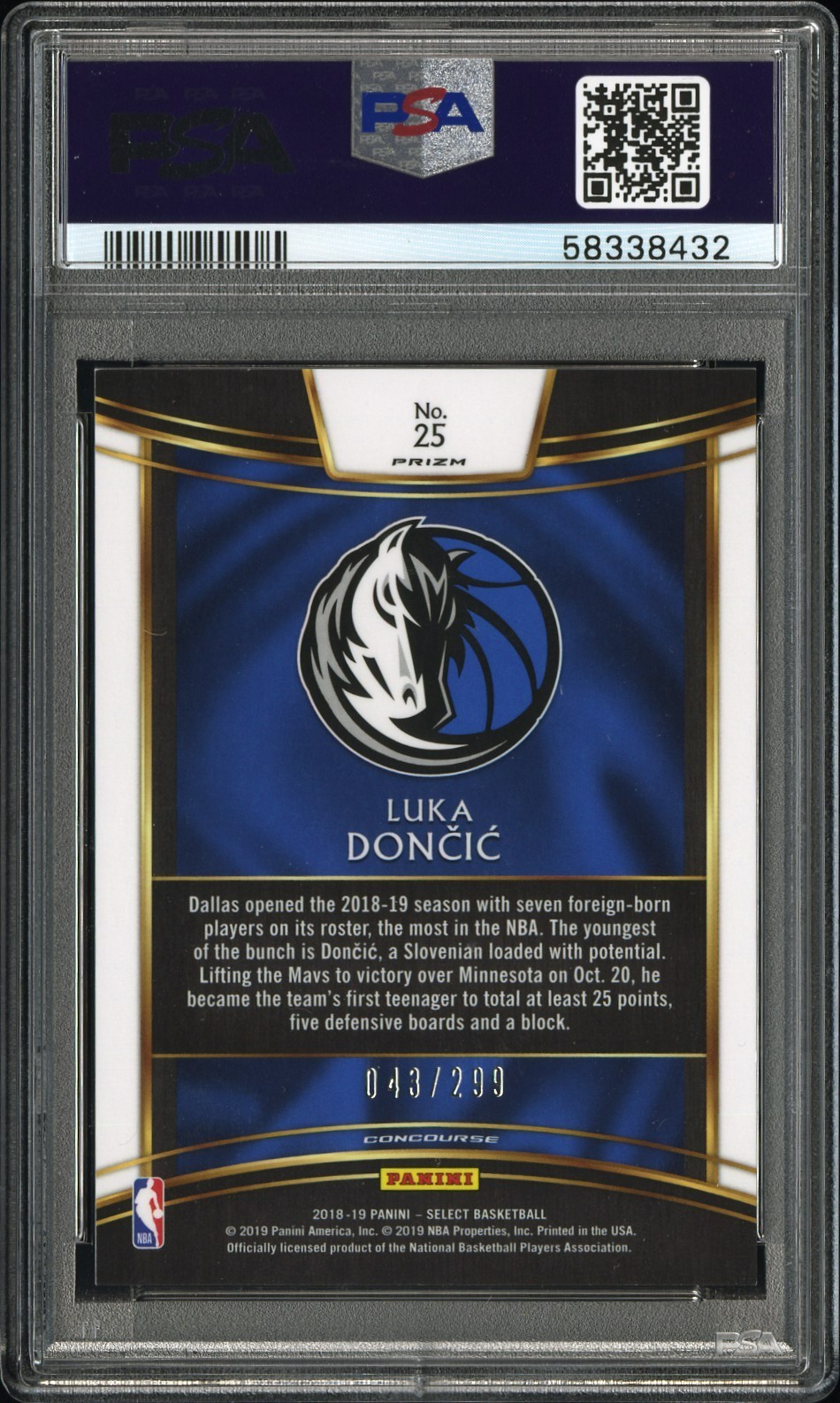 2018 Panini Select LUKA DONCIC RC #25 LIGHT BLUE Prizm Numbered 43/299 PSA 9 view 2