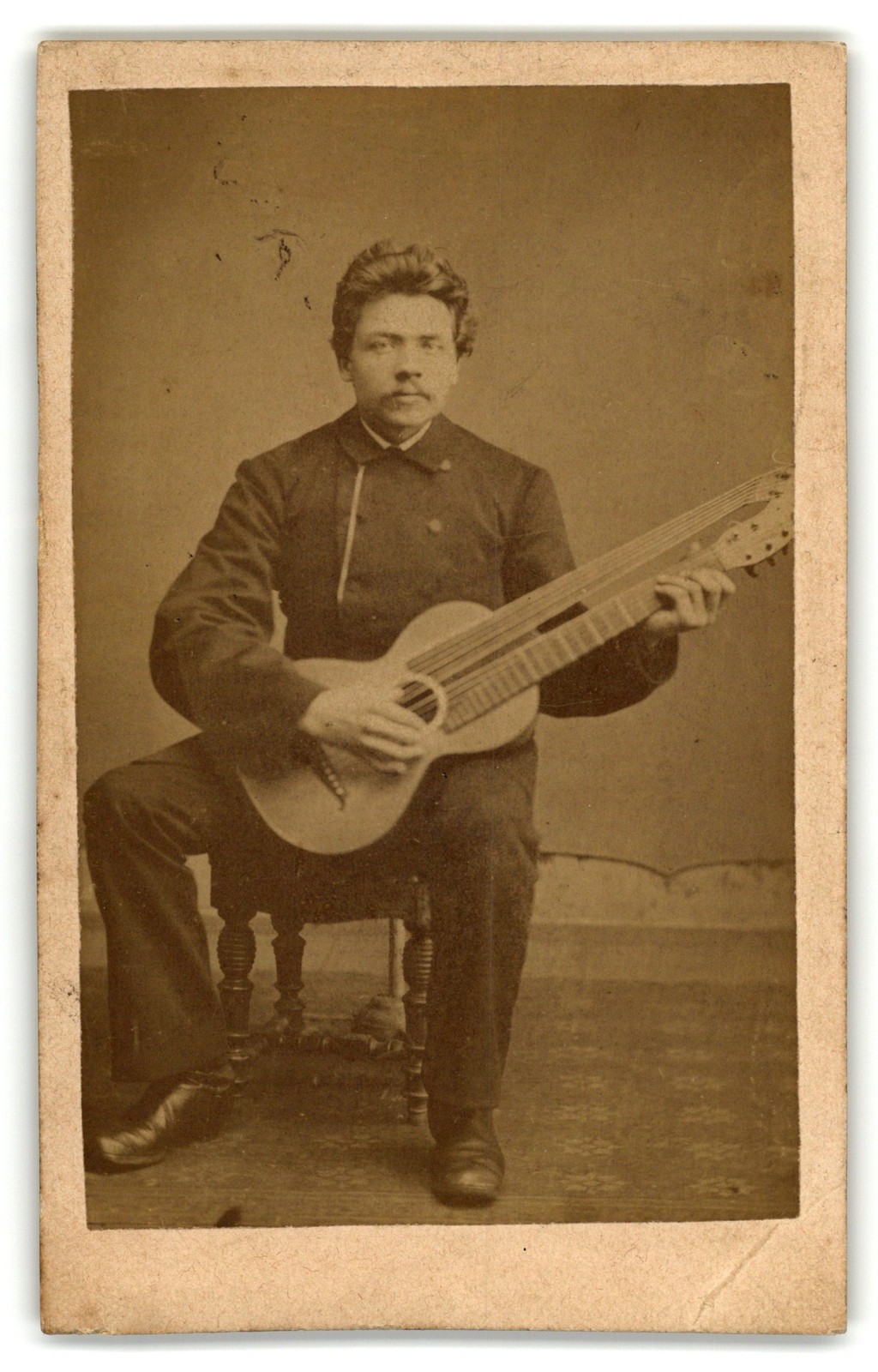 Antique CDV Circa 1860s Handsome Man With Mustache Playing Harp Guitar Unmarked