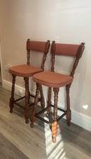 Pair Vintage Pink Traditional Wooden Pub Bar Stools Upholstered Seats Kitchen