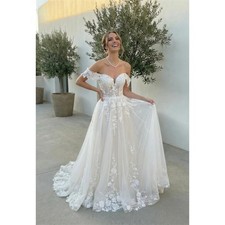 White Tulle Off Shoulder Wedding Dress Sleeveless Zip Back A-Line Court Train