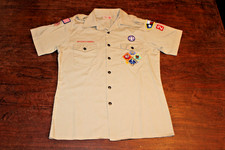 Boy Scouts of America BSA Men's Shirt Tan Medium Sewn Patches Short Sleeve