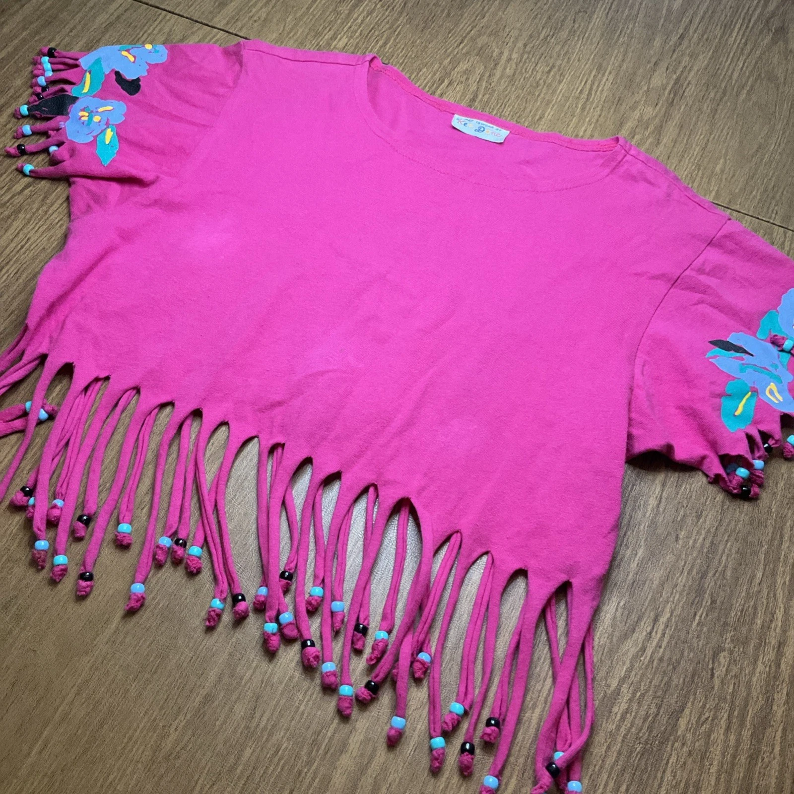Vintage Ken Done Art to Wear Colorful Flower O/S T Shirt Made In USA Pink Beads