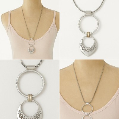 Lucky Brand Silver Tone Pendant Necklace 22'' Adjustable Snake Chain Boho Modern