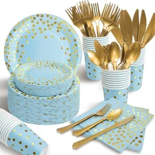 350PCS Blue, Gold Dinnerware Set, 50 Guests, Plates, Napkins, Cups, Cutlery