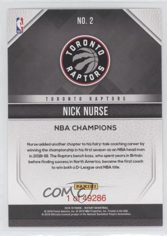 2018-19 Panini Instant NBA Finals /49286 Nick Nurse #2 - Image 2 of 2