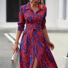 Printed Button Front Long Sleeve Waist Dress