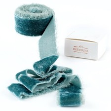 Steel Blue Silk Velvet Ribbon 1.5 Inch Blue Frayed Edge Ribbon Rustic Style Frin