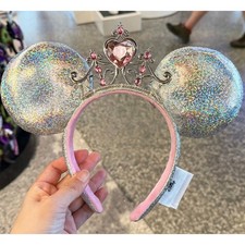 Disney- Parks Princess Iridescent Ear W/Pink Heart Tiara Minnie Mouse Headband