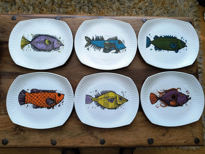 Vintage Staffordshire Washington Keramik Wassermann Fisch Serie - Set mit 6 Tellern