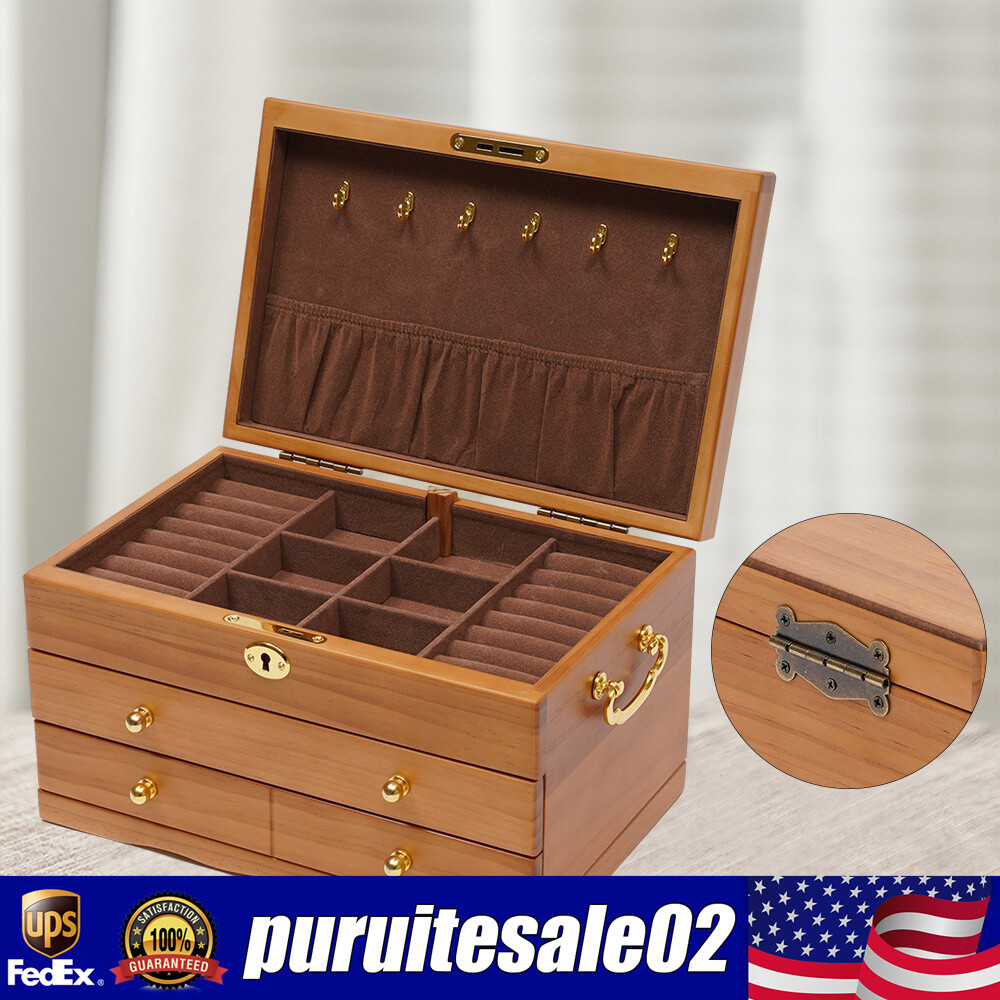 Jewelry Organizer Wooden Storage Box, 3 Layers Case Box with 3 Drawers brown USA-image