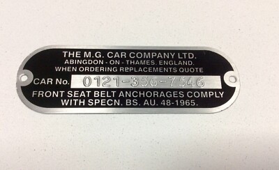 MG REVERSE STAMPED CHASSIS PLATE MGB GT MIDGET ROADSTER V8 MGF MGA MGC ...