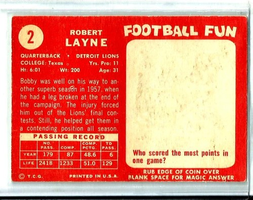 1958 Topps Football #2 Bobby Layne EX Detroit Lions - Foto 2 di 3